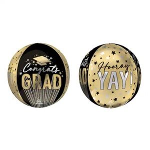 🆕 16" Foil Balloon Black Gold Grad Stripes on Stripes Graduation Orbz Anagram
